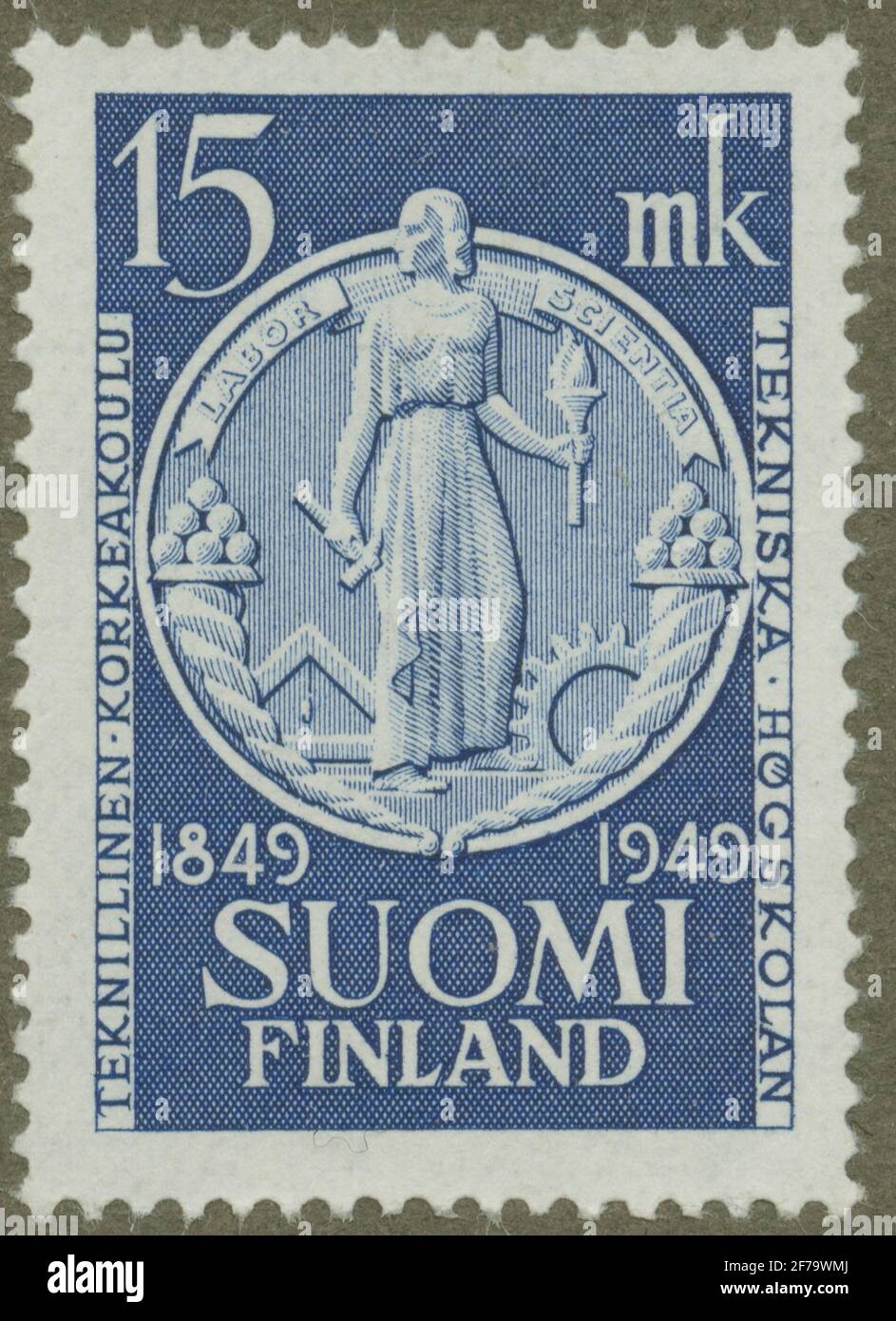 Die Briefmarke der Gösta Bodman's Philatelist Association, begann 1950.die Briefmarke aus Finnland, 1949. Bewegungen des Symbols der technischen Lehre. „Technical College in Helsinki 100 years: 1849-1949“. Stockfoto