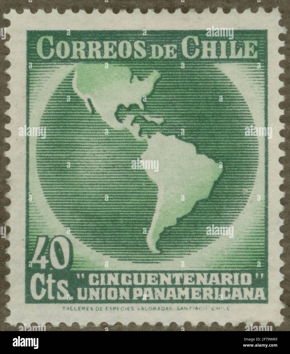 Die Briefmarke der Gösta Bodman's Philatelist Association, begann 1950, die Briefmarke aus Chile, 1940. Motive der westlichen HeWelt. „die Panamanan Union 50 Jahre. 1890-1940'. Stockfoto