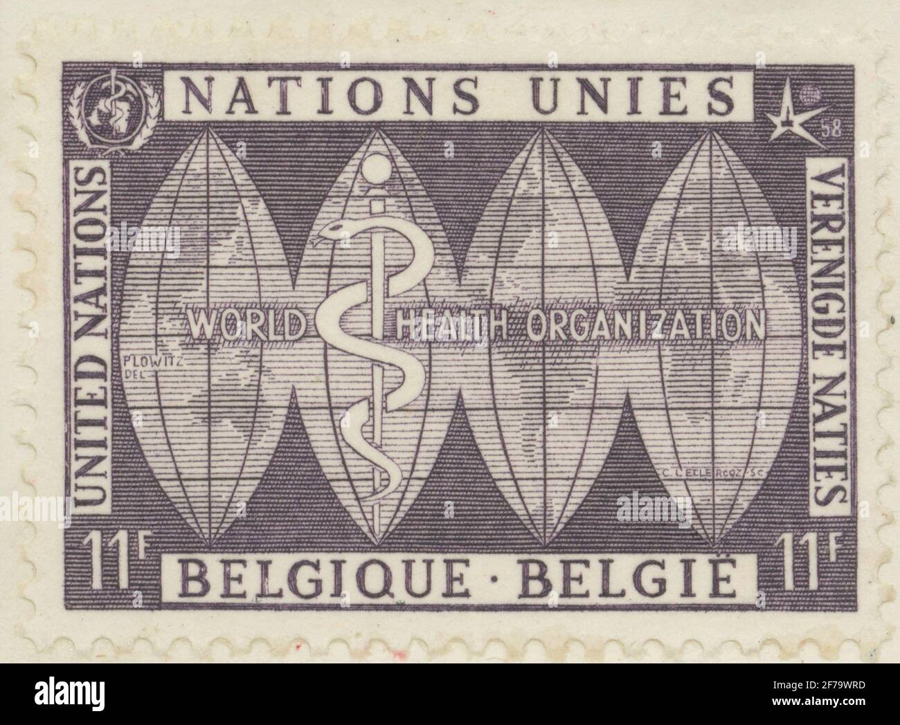 Briefmarke von Gösta Bodmans Philatelistenauftrag, begonnen 1950.die Briefmarke aus Belgien, 1958. Motive aus vierteiligen Globen und Arzt. „Worls Health Organization, Brüsseler Ausstellung 1958, F. N. Series“. Stockfoto