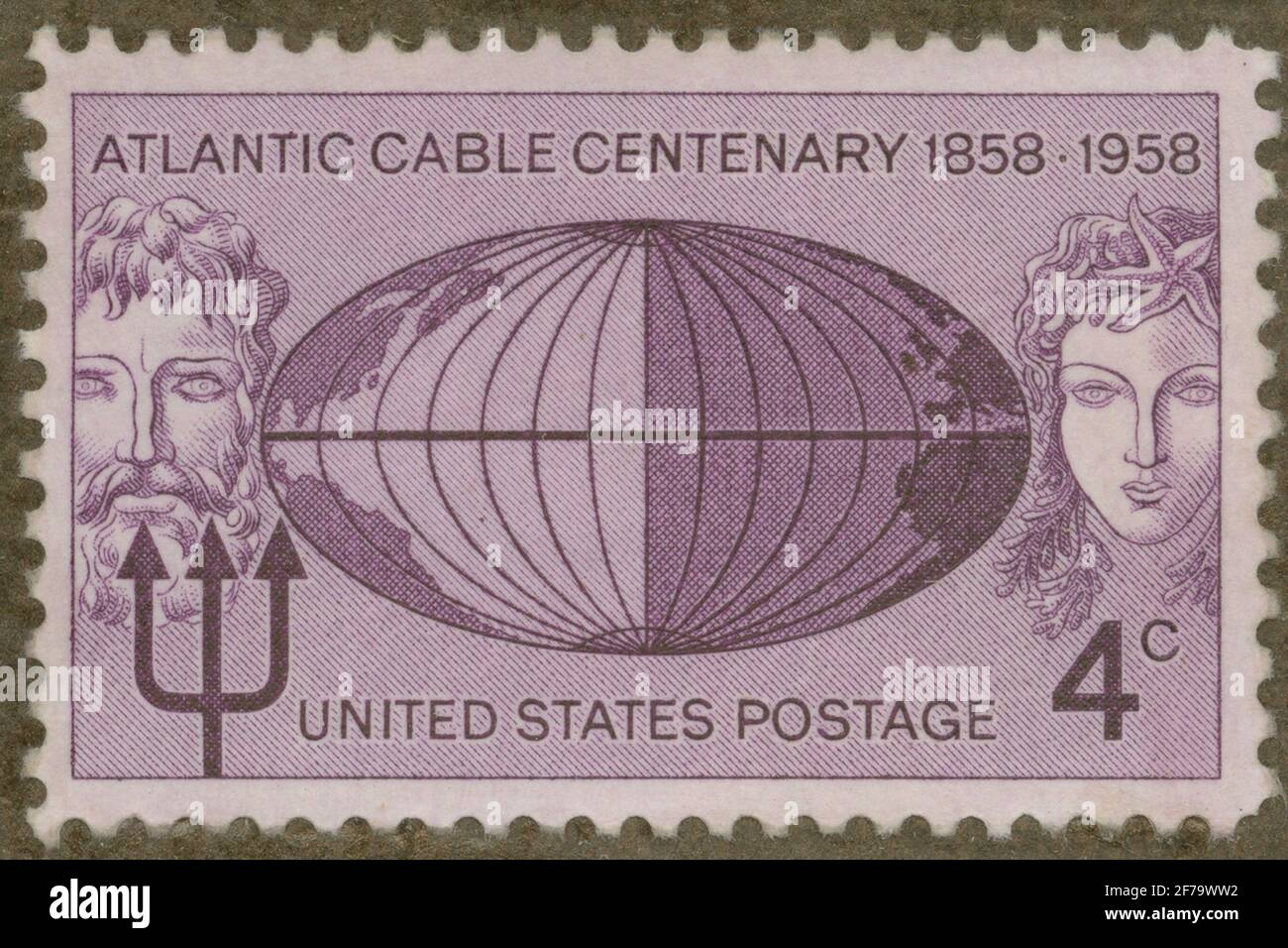 Stempel von Gösta Bodmans Philatelistenauftrag, begann 1950, die Briefmarke aus den USA, 1958. Motive des Globus mit dem Atlantik, Neptun. „Atlantic Cable 100-year Memory 1858-1958“. Stockfoto