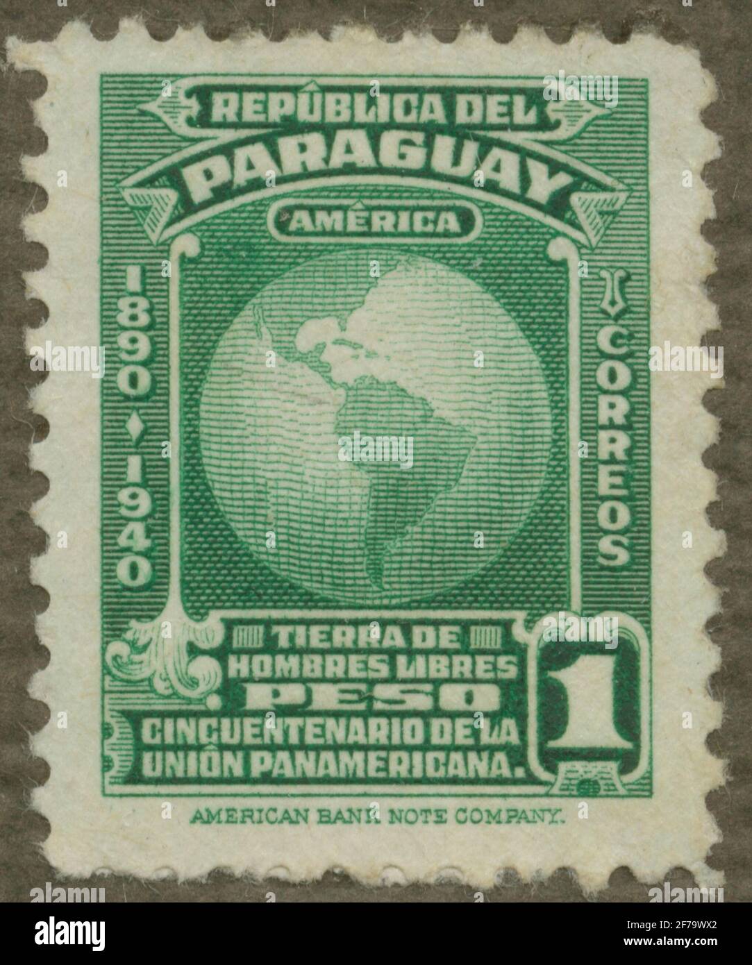 Stempel der Gösta Bodman's Philatelist-Zuordnung, begonnen 1950.die Briefmarke aus Paraguay, 1940. Motive der westlichen HeWelt. „The Panamanan Union 50 PR 1890-1940“. Stockfoto