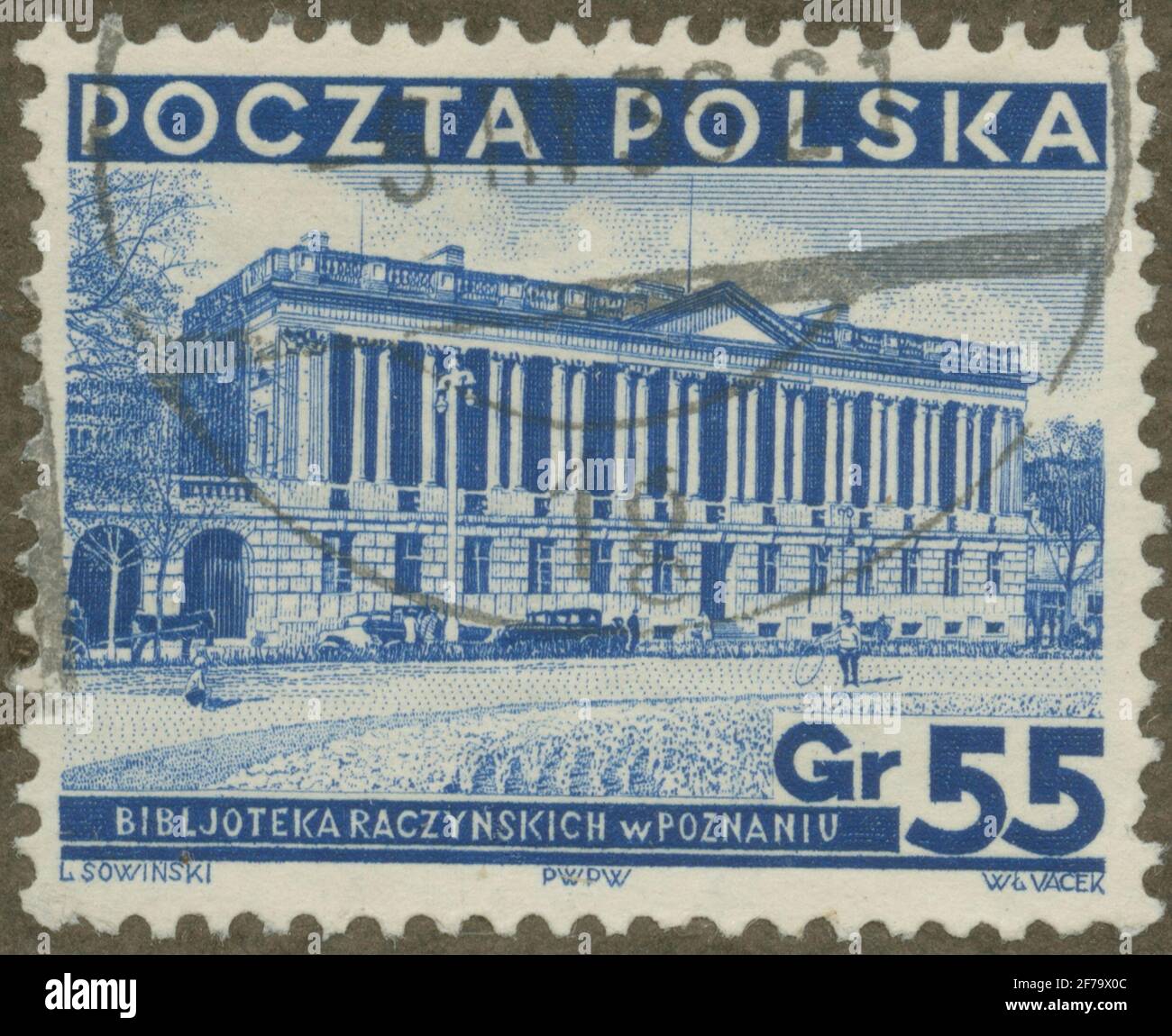 Stempel der Gösta Bodman's Philatelist Association, begann 1950.die Briefmarke aus Polen, 1935. Motive der Bibliothek des Grafen Raczynskia in Posen. Stockfoto
