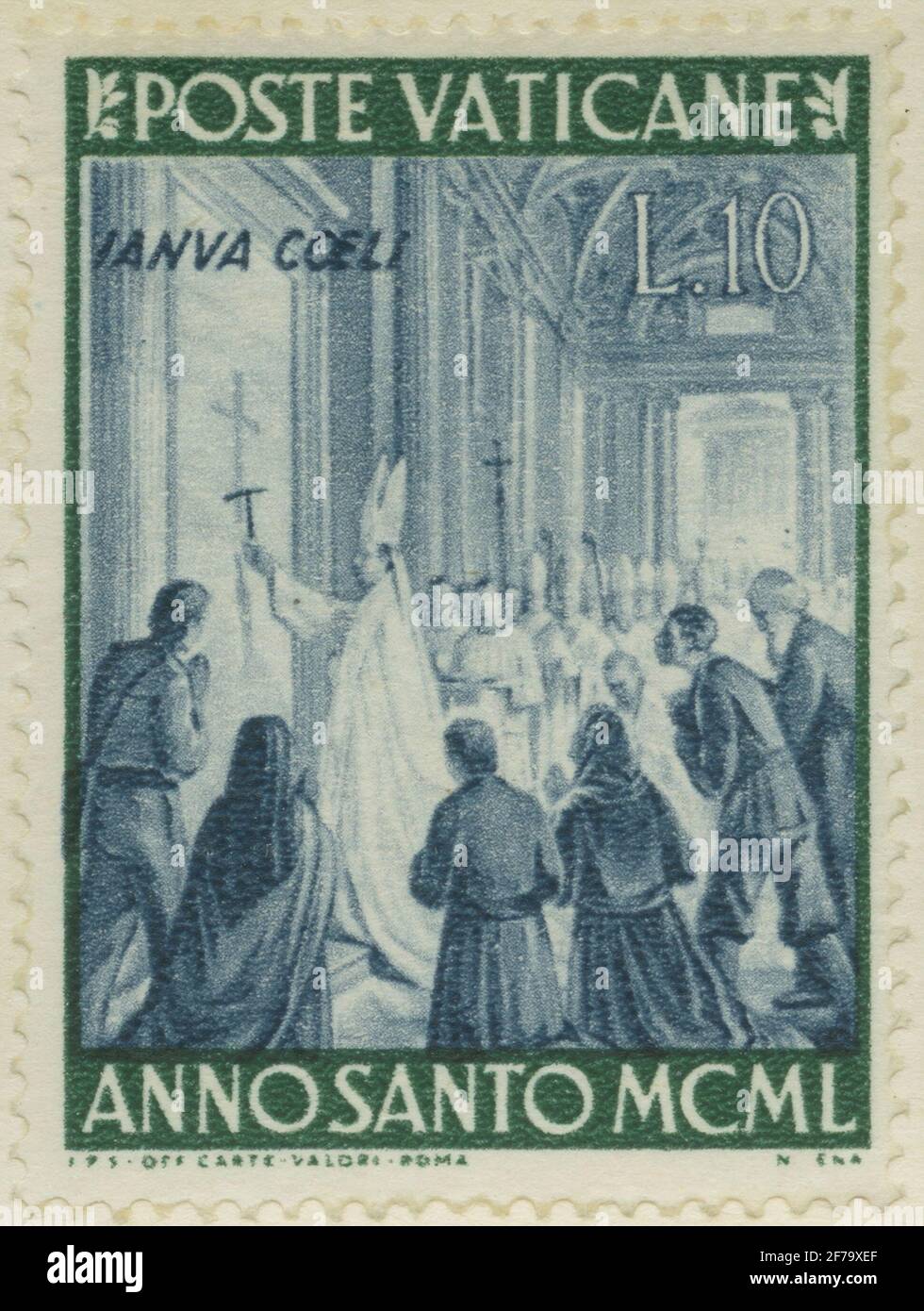 Die Briefmarke der philatelistischen Motivsammlung von Gösta Bodman begann 1950.die Briefmarke aus dem Vatikan, 1950. Motiv des Papstes Pius XII., das das Tor zum Petersdom öffnet. „Das Heilige Jahr 1950“. Stockfoto