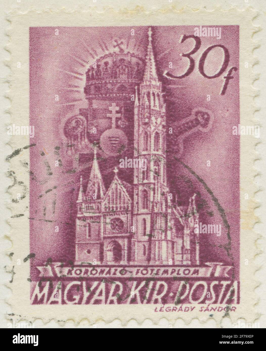 Stempel aus Gösta Bodmans Philatelist-Motivsammlung, begonnen 1950, Stempel aus Ungarn, 1939. Motter of Matthew curement Kirche in Budapest. Stockfoto