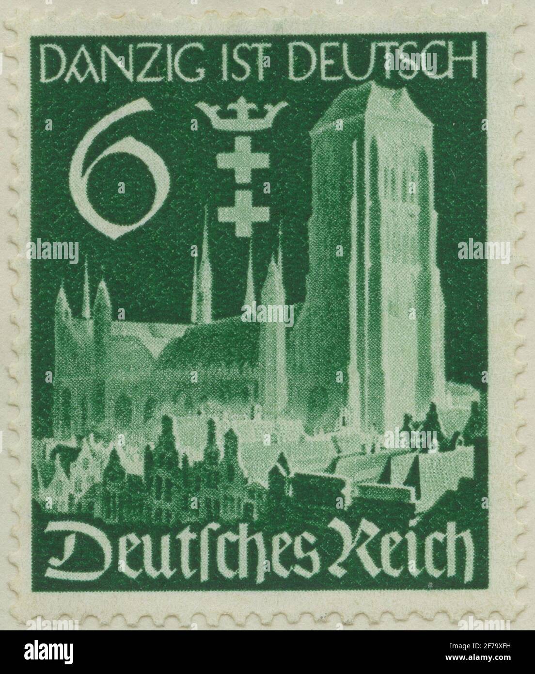 Briefmarke von Gösta Bodmans Philatelistenauftrag, begonnen 1950.die Briefmarke aus Deutschland, 1939. Bewegungen der Maria-Kirche in Danzig. 'Erinnerung an Dazigs Eingliederung in Deutschland: 1939'. Stockfoto
