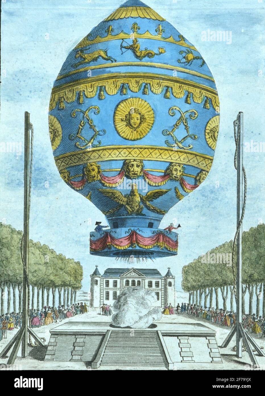 Die erste Ballonbesteigung in der Geschichte mit Passagieren.Fransmännen Rozier und dâ'arlandes in einem Heißluftballon vor Paris am 21. November 1783. Montgolfiers-Konstruktion. Stockfoto