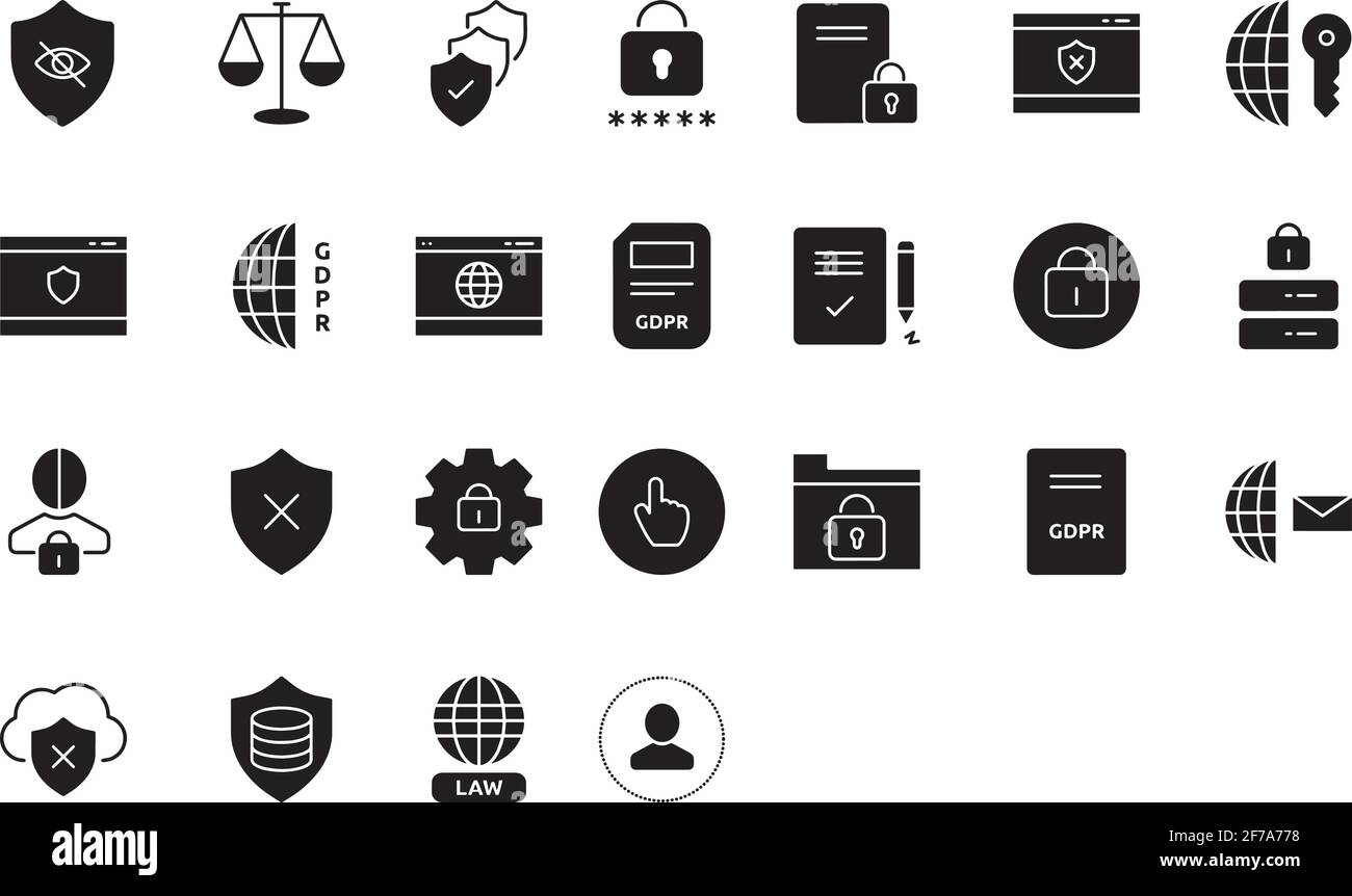 DSGVO-Symbole festgelegt. Eine Sammlung von GDPR-Icons für iOS-, Android- und Web-Projekte. GDPR-Symbole solide Glyphe transparente Packung. Stock Vektor