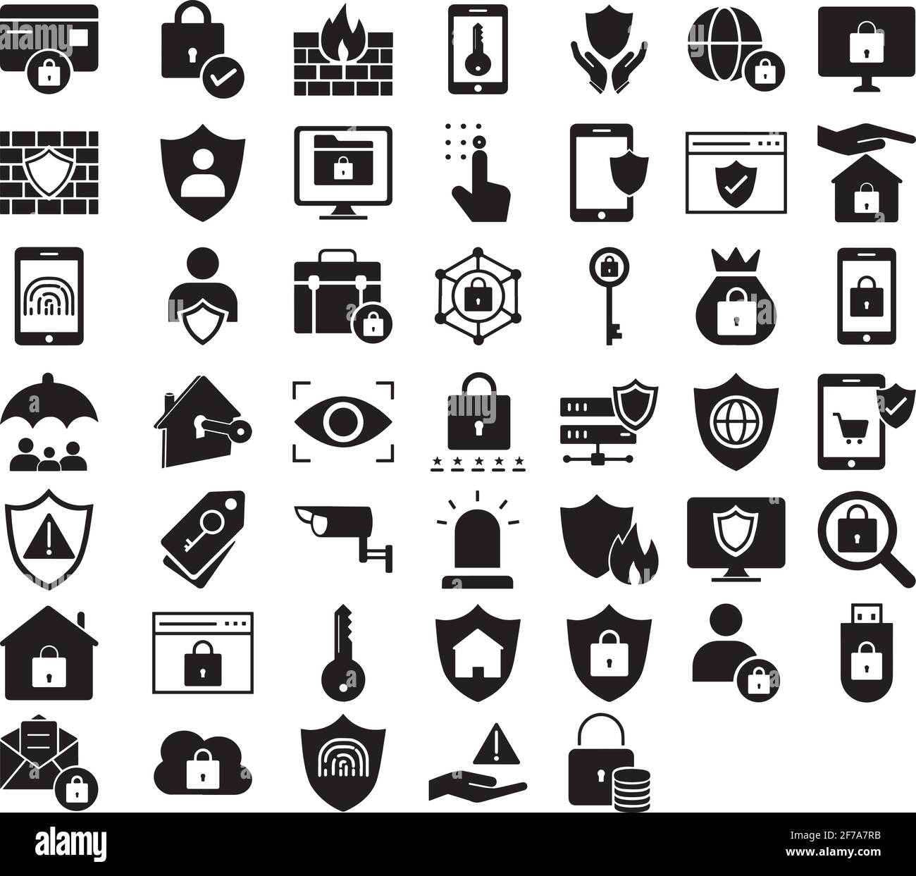 Sicherheitssymbole für schwarze Füllung festgelegt. Eine Sammlung von Sicherheitssymbolen für iOS-, Android- und Webprojekte. Sicherheitssymbole in durchsichtiger Verpackung. Stock Vektor