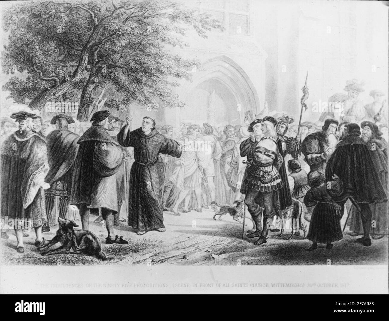 Skiopticone-Bild. Foto von Kunstwerken/Drucken. „die Induloenzen der fünf-Punkte-Vorschläge (Szenen vor der Allerheiligen-Kirche, Wittemberg) 31. Oktober 1517“. Stockfoto