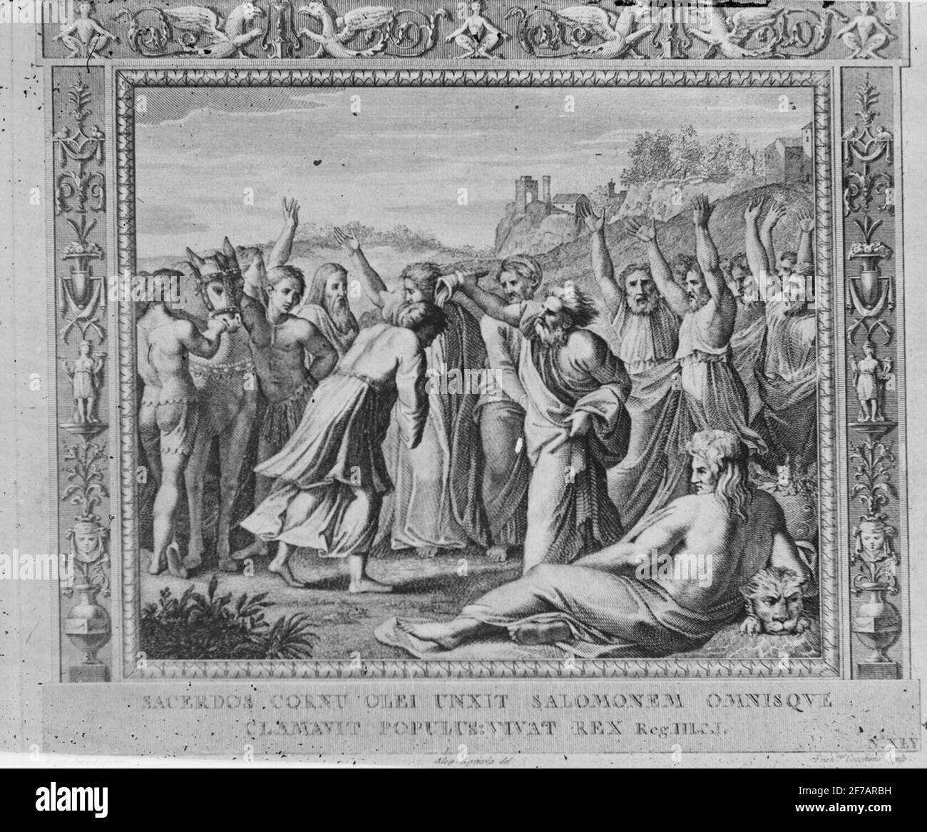 Skiopticone-Bild. Tippen Sie mit Motiven des Priesters Sadok und des Propheten Natan schmieren Salomo zum König über Israel und alle Menschen rief: Der lebende König. Stockfoto