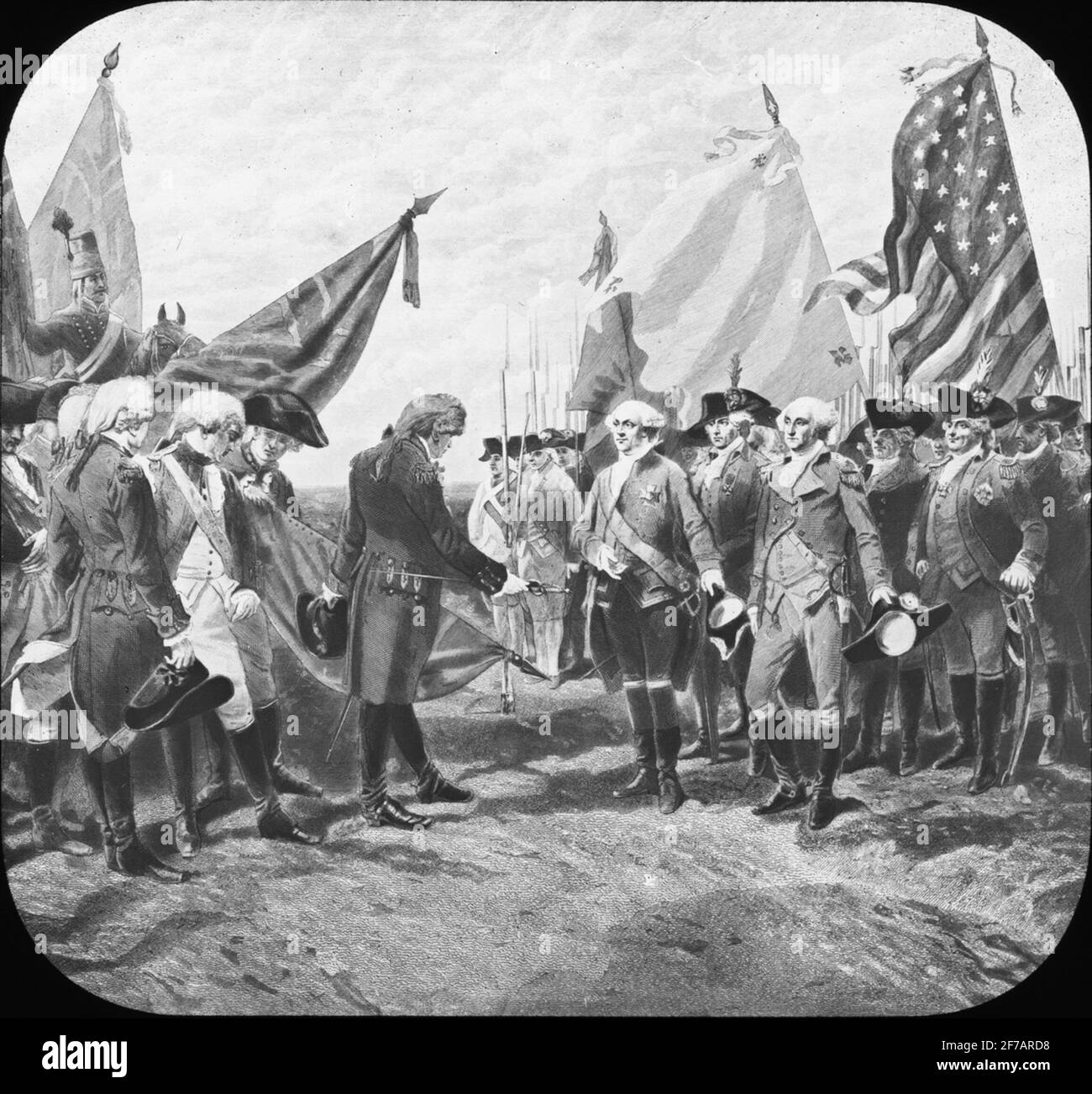 Skioptik-Monitor mit Motiven der wahrscheinlich Schlacht bei Yorktown im amerikanischen Freiheitskrieg. General Lord Charles Cornwallis erkennt das nächste Mal vor General George Washington an. Stockfoto