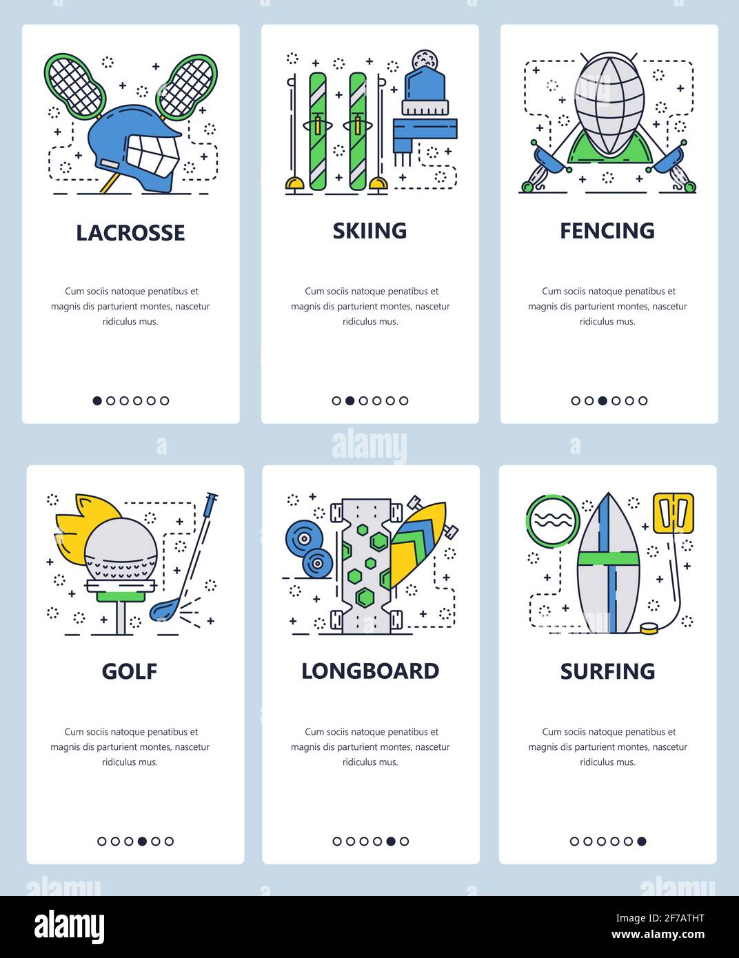 Vektor-Website lineare Kunst Onboarding Bildschirme Vorlage. Professionelle Sport-Ikonen, Lacrosse, Golf, Skifahren, Fechten, Longboard und Surfen. Menübanner Stock Vektor