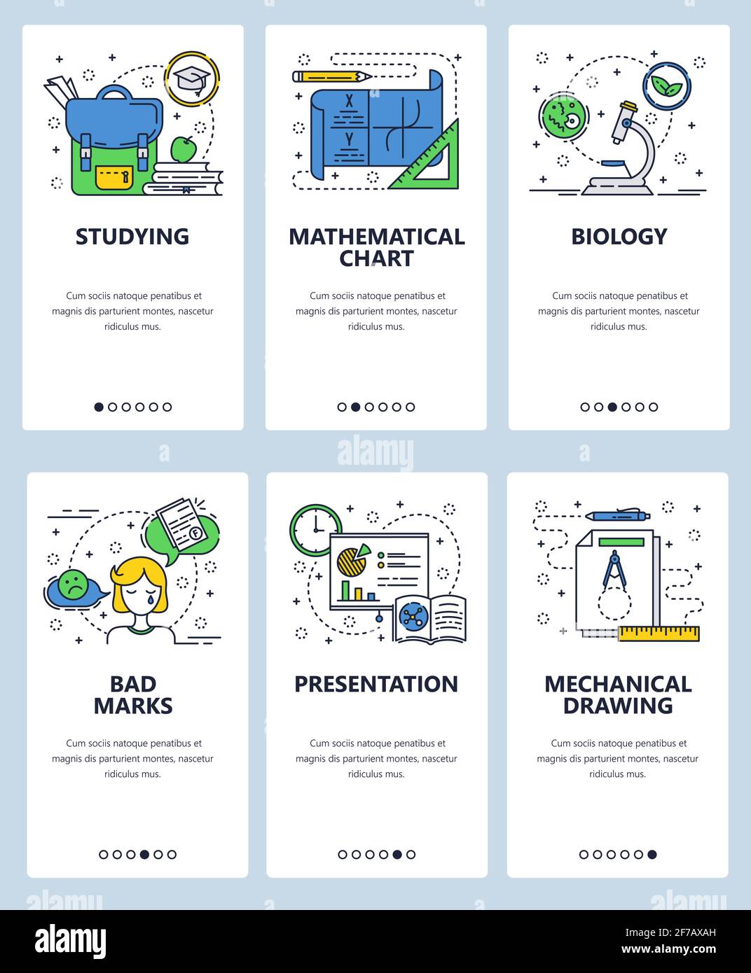 Vektor-Website lineare Kunst Onboarding Bildschirme Vorlage. Schulbildung, Präsentation, Mathematik-Diagramm, Schultasche, Zeichnung und Testergebnisse. Menübanner Stock Vektor