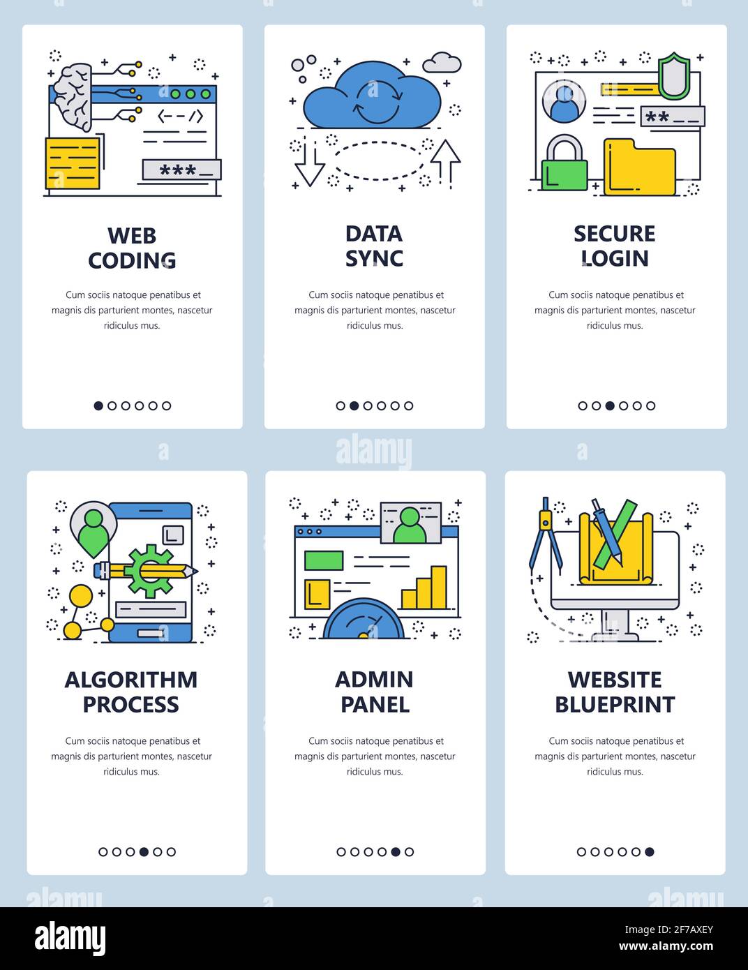 Vektor-Website lineare Kunst Onboarding Bildschirme Vorlage. Webcodierung und Internetdienste, Datensynchronisierung, sichere Anmeldung, Administratorbereich. Menübanner für Stock Vektor