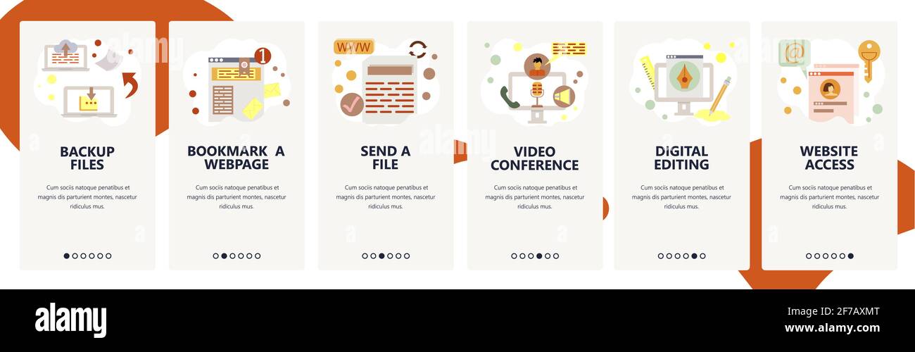 Onboarding-Bildschirme der Website. Internet- und Computerdienste, Datensicherung, Videoanruf und Website-Zugriff. Menü-Vektor-Banner-Vorlage für Website und Stock Vektor
