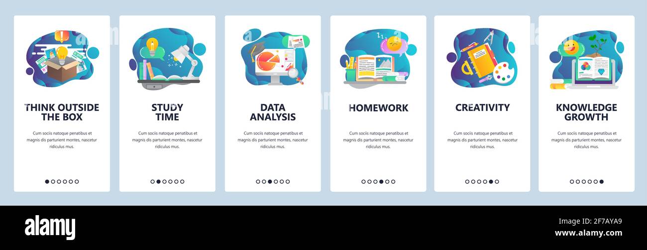 Onboarding-Bildschirme der Website. Bildung, Wissen, Studium und Kreativität. Menü-Vektor-Banner-Vorlage für Website- und mobile App-Entwicklung. Modern Stock Vektor