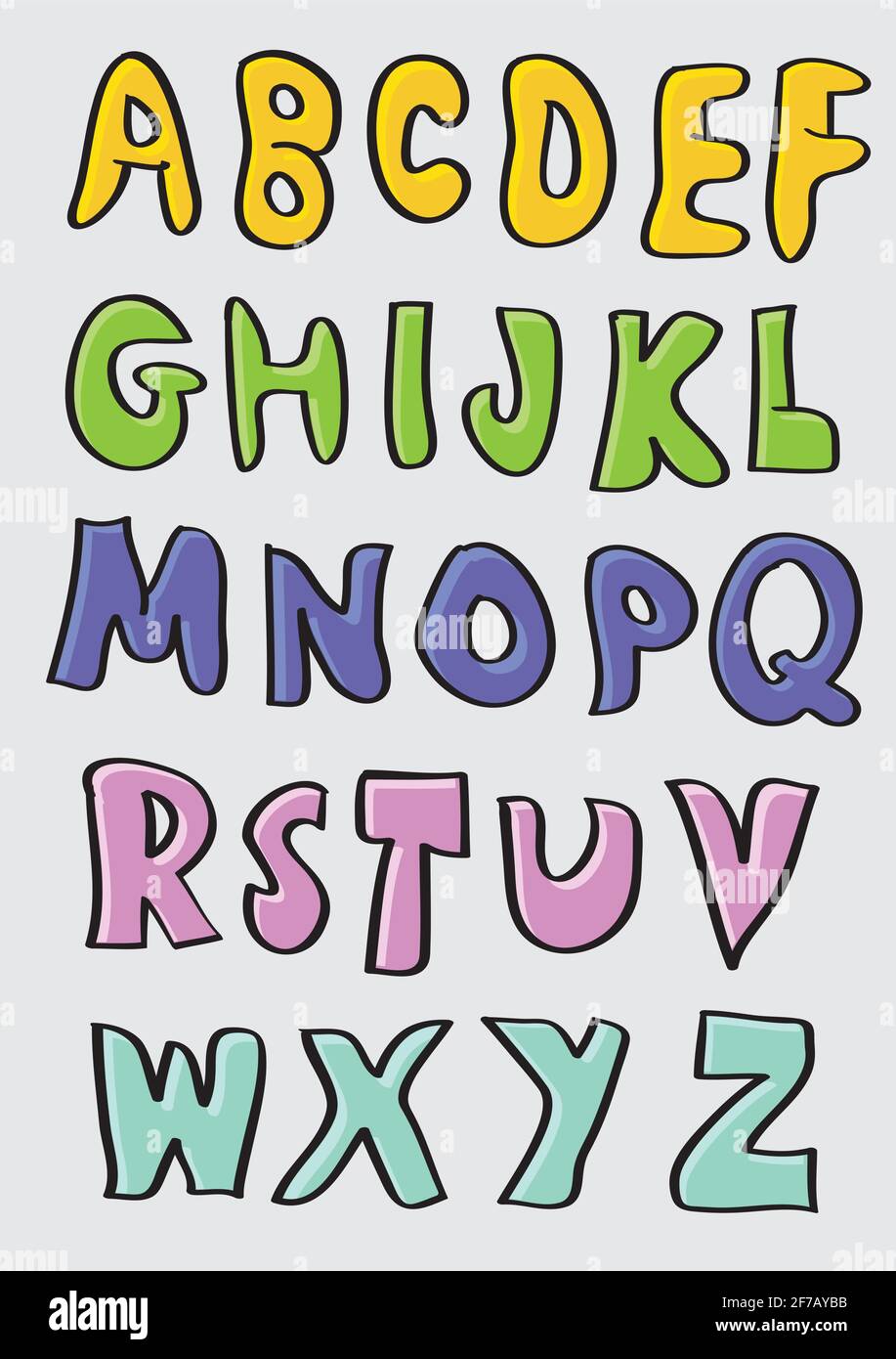 Vektor-Illustration von lustigen handgezeichneten Großbuchstaben in mehreren Farben isoliert auf grauem Hintergrund. Stock Vektor