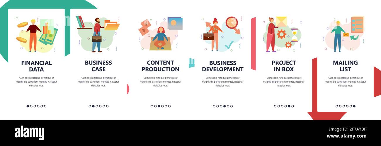 Onboarding-Bildschirme der Website. Finanzdaten und Geschäftsentwicklung. Menü-Vektor-Banner-Vorlage für Website- und mobile App-Entwicklung. Modern Stock Vektor