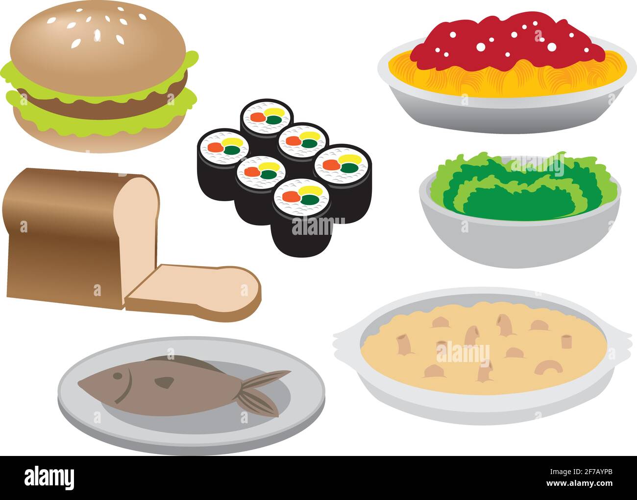 Vektor-Illustration von verschiedenen Arten von gemeinsamen Lebensmitteln: burger, Brot, Fisch, Sushi, Spaghetti, Grüner Salat, gebackener Käse und Makkaroni Stock Vektor