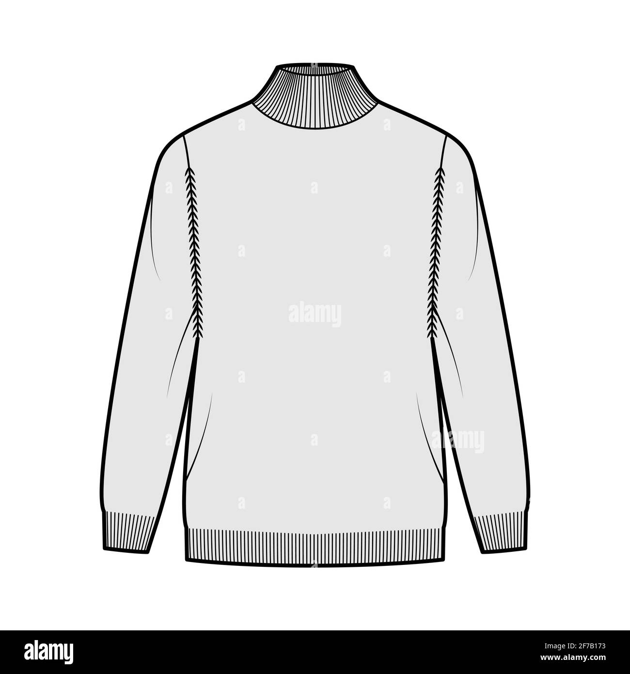 Rollkragenpullover technische Mode-Illustration mit langen Ärmeln, übergroß, Fingerspitze Länge, Rippenstrick. Flatpullover-Bekleidung vorne, in grauer Optik. Frauen, Männer Unisex-CAD-Modell Stock Vektor