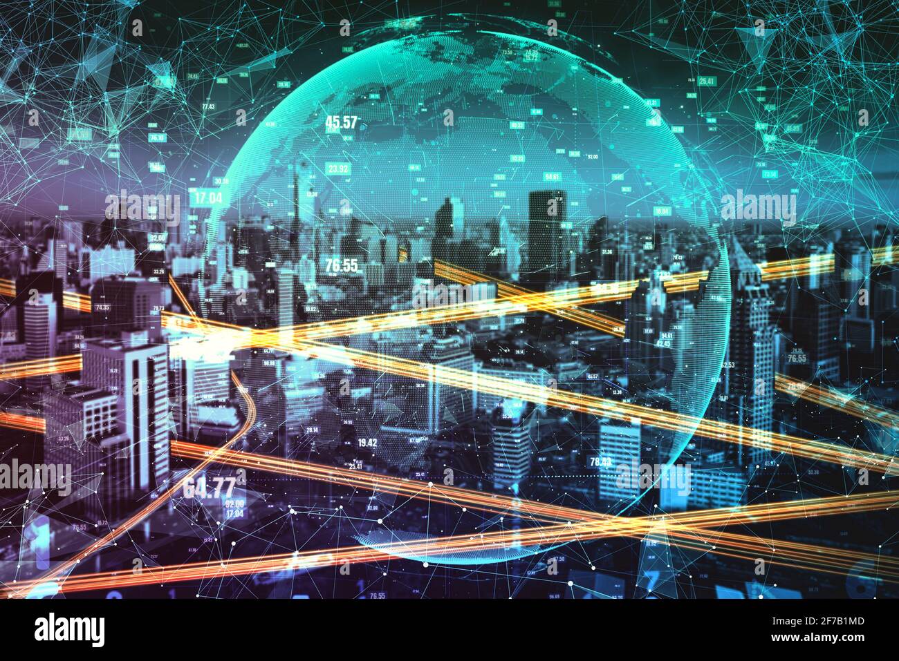 Smart City-Technologie mit futuristischer Grafik der digitalen Datenübertragung . Konzept der Computer-Internet-Kommunikation und Informationsnetzwerktechnologie Stockfoto