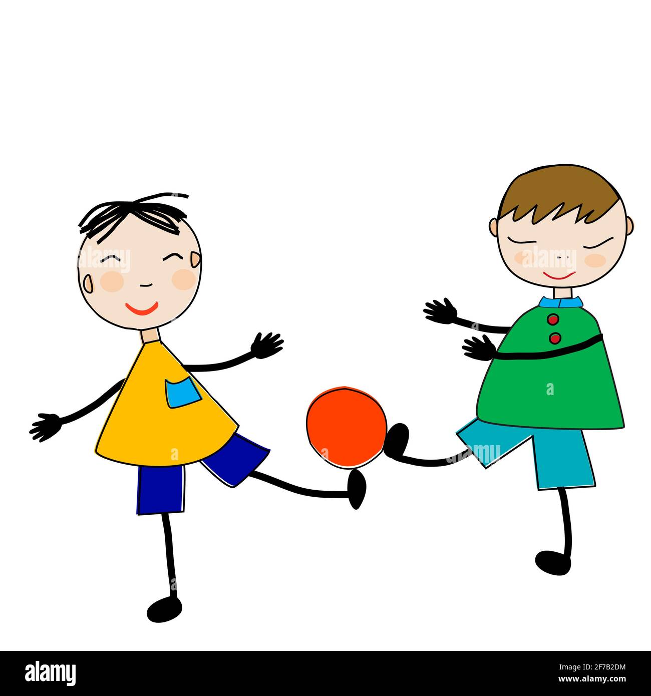 Jungs im Doodle-Stil spielen mit einem Ball Stock Vektor