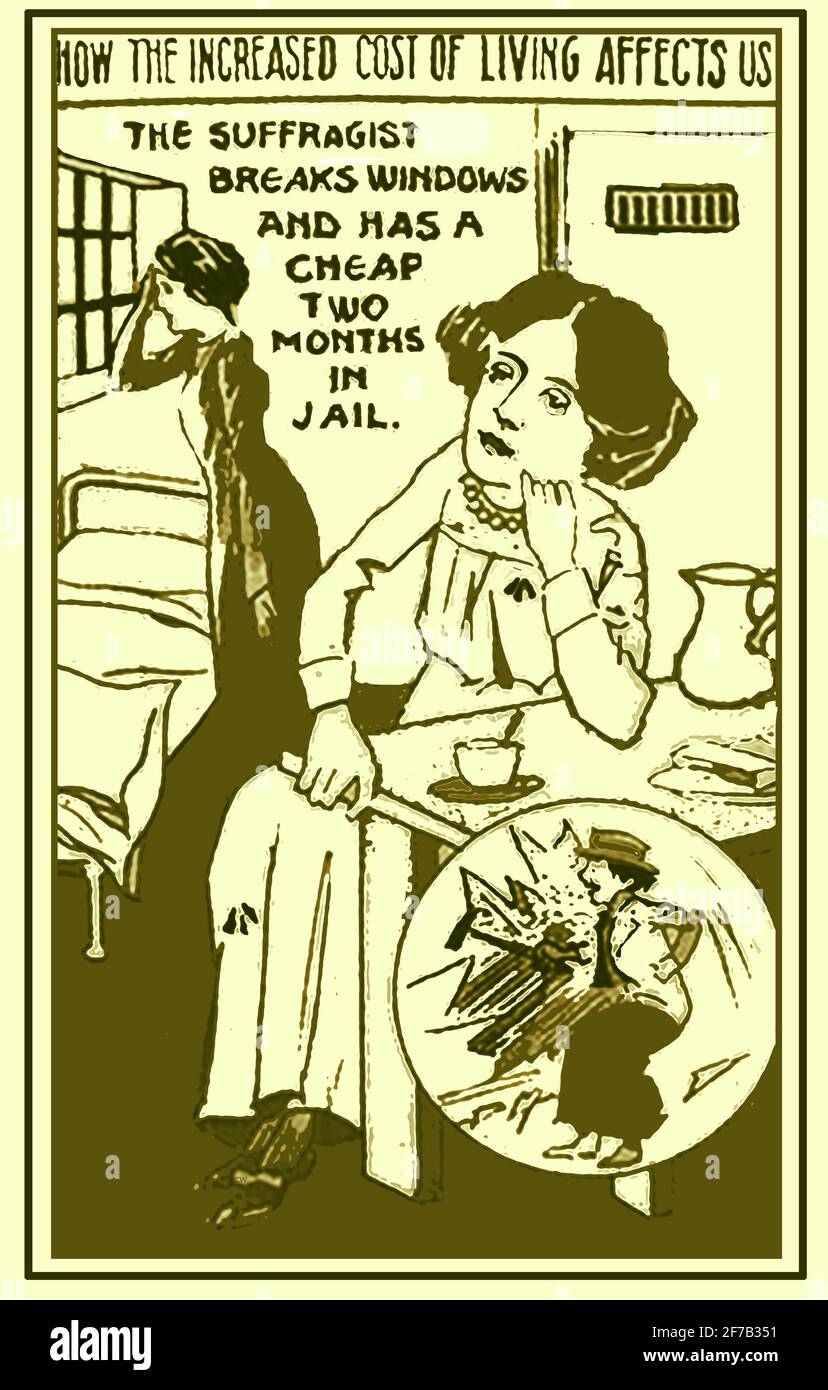 Eine alte Postkarte im Cartoon-Stil von C 1911 mit Frauenfeindlichkeit, die Emmeline Pankhurst im Gefängnis zeigt. Emmeline Pankhurst (geb. Goulden; 1858 – 1928) war eine britische politische Aktivistin. Sie ist am besten in Erinnerung, weil sie die britische Frauenrechtbewegung organisiert hat und wurde einige Male für ihre Sache eingesperrt Stockfoto