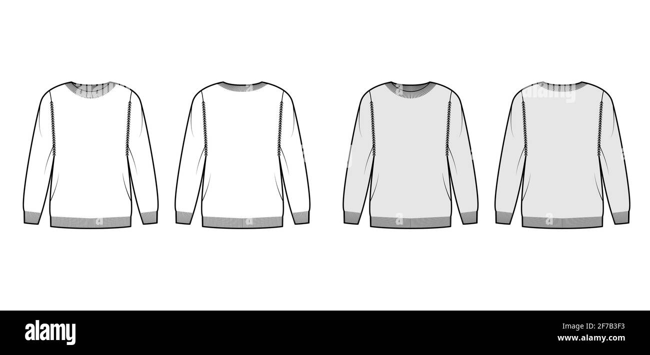 Pullover technische Mode-Illustration mit geripptem Rundhalsausschnitt, langen Ärmeln, Übergröße, Oberschenkellänge, Strickbündchen. Flatpullover-Bekleidung vorne, hinten, weiß-grau. Frauen Männer Unisex CAD Mockup Stock Vektor