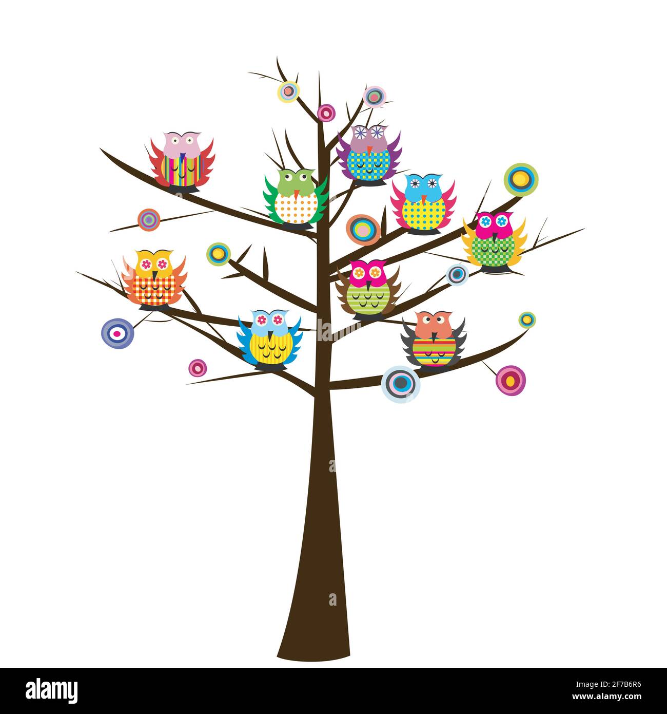 Bunte Eulen sitzen auf dem Baum auf weißem Hintergrund Stock Vektor