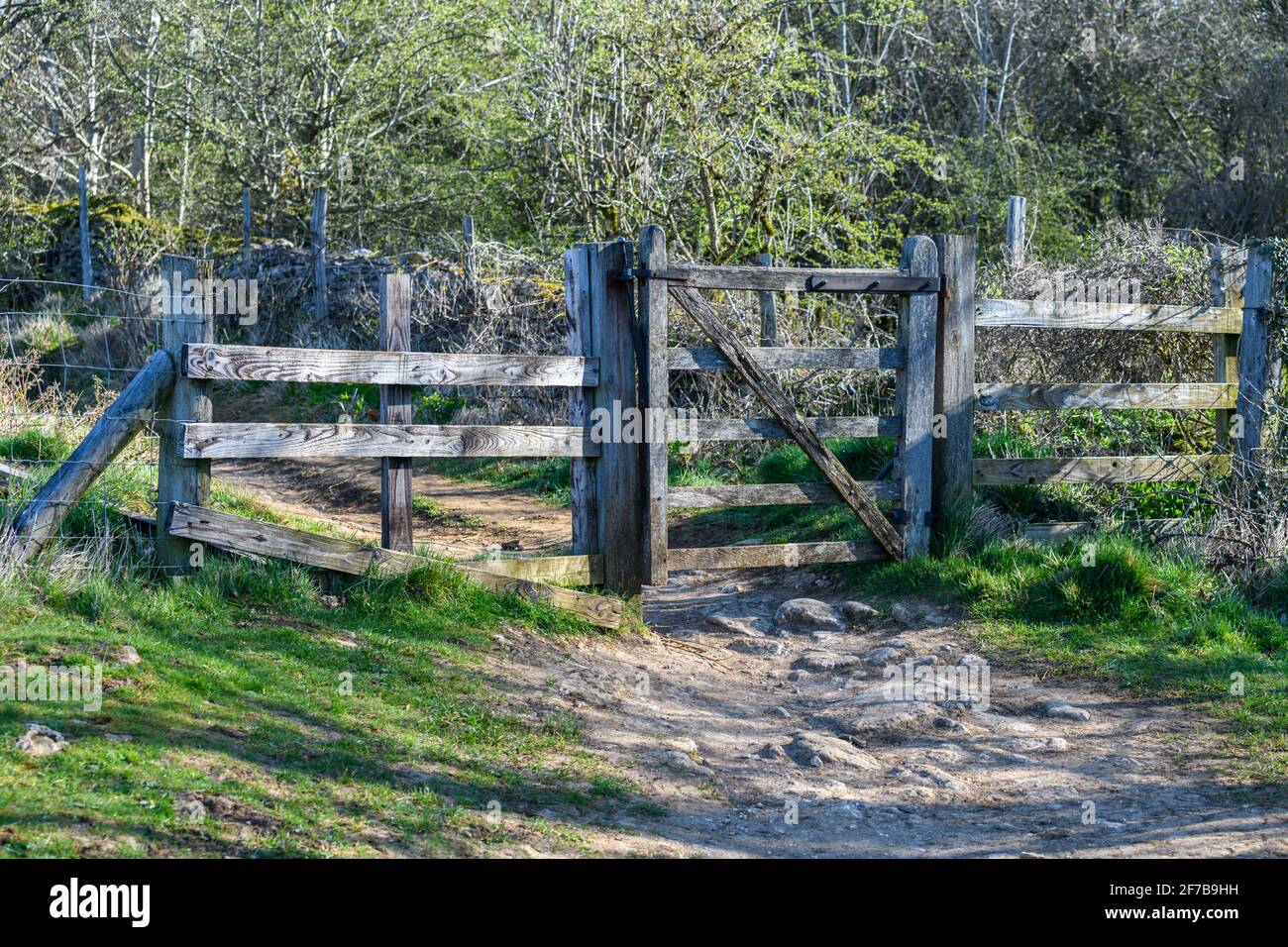 Altes Holztor in der englischen Landschaft Stockfoto