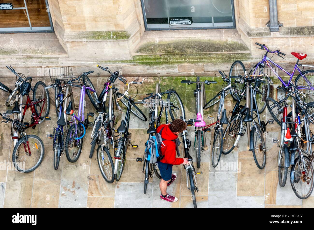 Ein Student in Oxford, der sein Fahrrad aus einem Gewirr geparkter Fahrräder zurückholen wollte. Von oben gesehen. Stockfoto