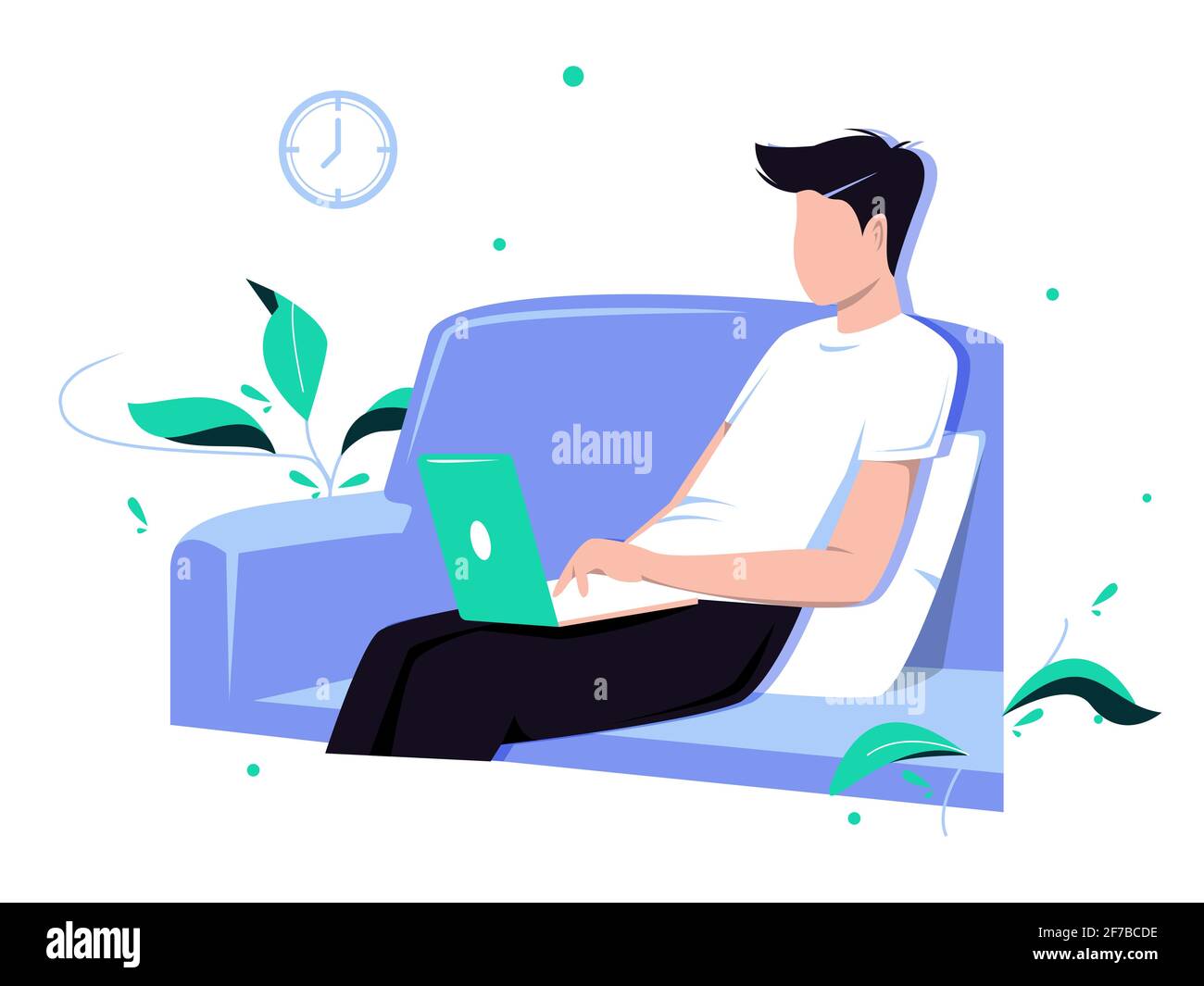 Arbeiten auf einem Computer. Der junge Mann sitzt zu Hause mit einem Laptop auf dem Sofa. Freiberufliche, Online-Bildung oder Social-Media-Konzept. Vektorgrafik Stock Vektor