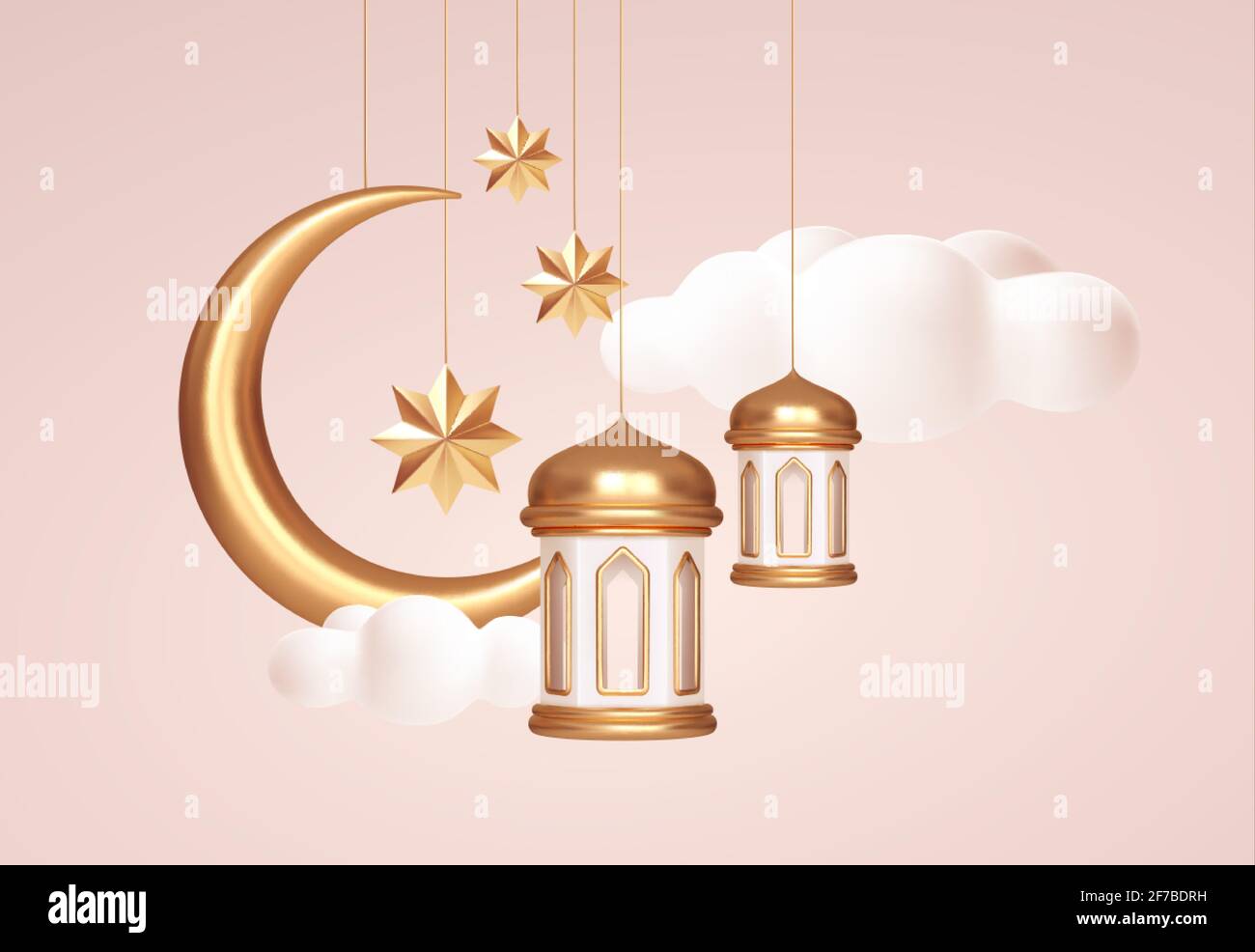 Eid Mubarak 3d realistische Symbole der arabischen islamischen Feiertage. Halbmond, Sterne, Laternen. Vektorgrafik Stock Vektor
