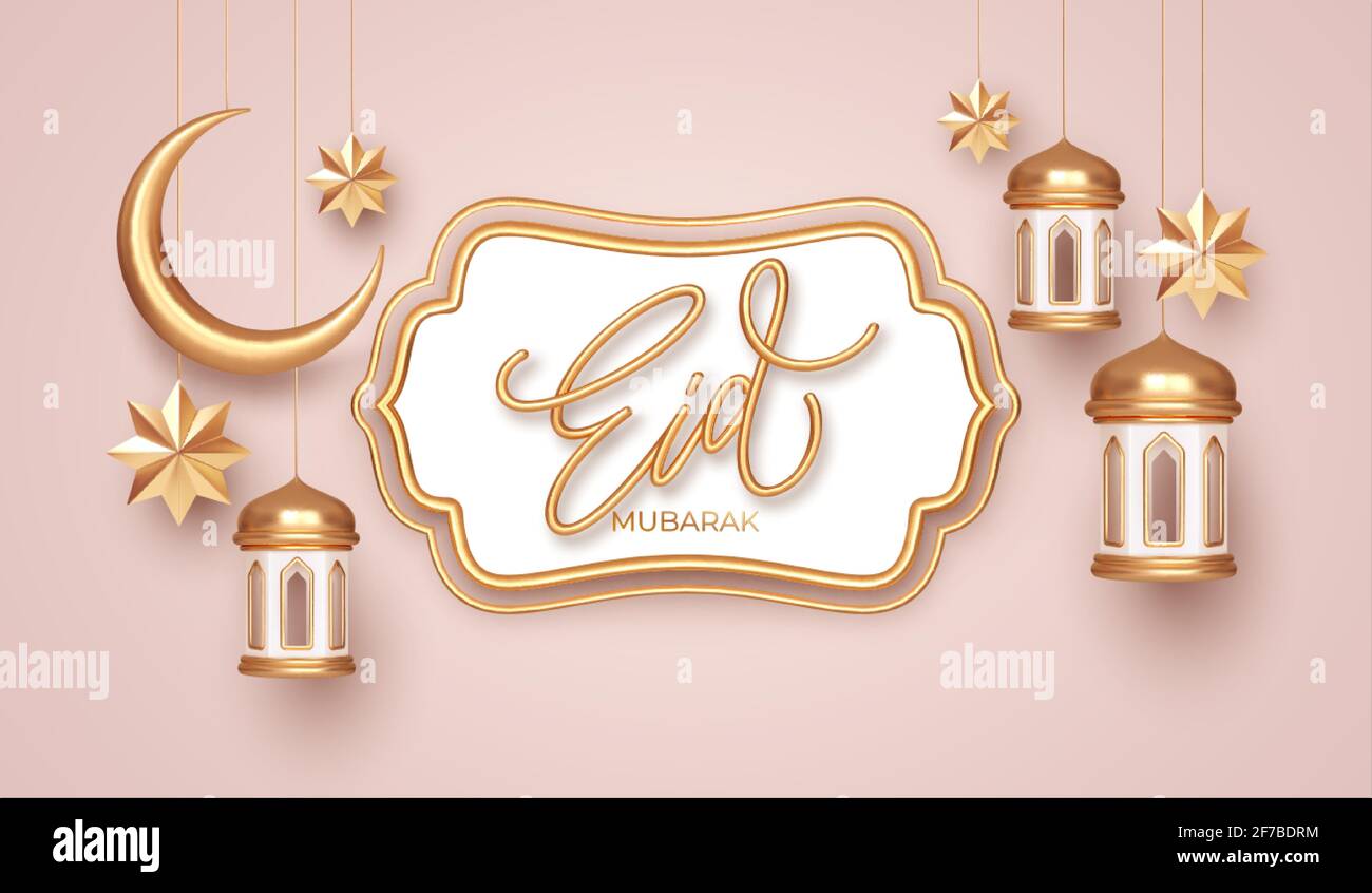Eid Mubarak 3d realistische Symbole der arabischen islamischen Feiertage. Halbmond, Sterne, Laternen. Vektorgrafik Stock Vektor