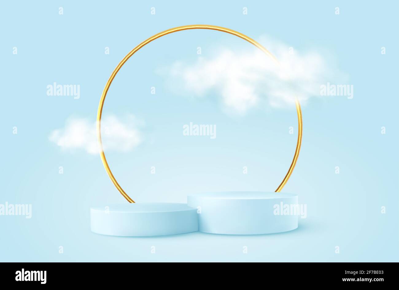 Realistisches blaues Produktpodium mit goldenem Rundbogen und Wolken. Produkt Podium Szene Design, um Ihr Produkt zu präsentieren. Realistischer 3D-Vektor Stock Vektor