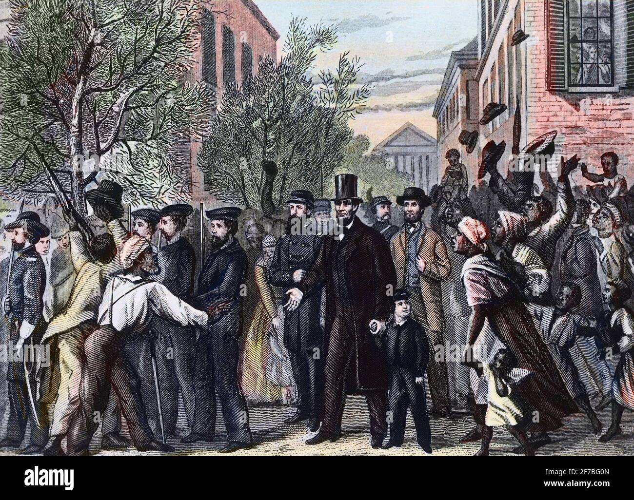 Abraham Lincoln bei der Einreise nach Richmond, 3. April 1865 - Präsident Abraham Lincoln bei einem Spaziergang nach Richmond, Virginia, mit seinem jüngsten Sohn etwas zu seiner Linken Stockfoto