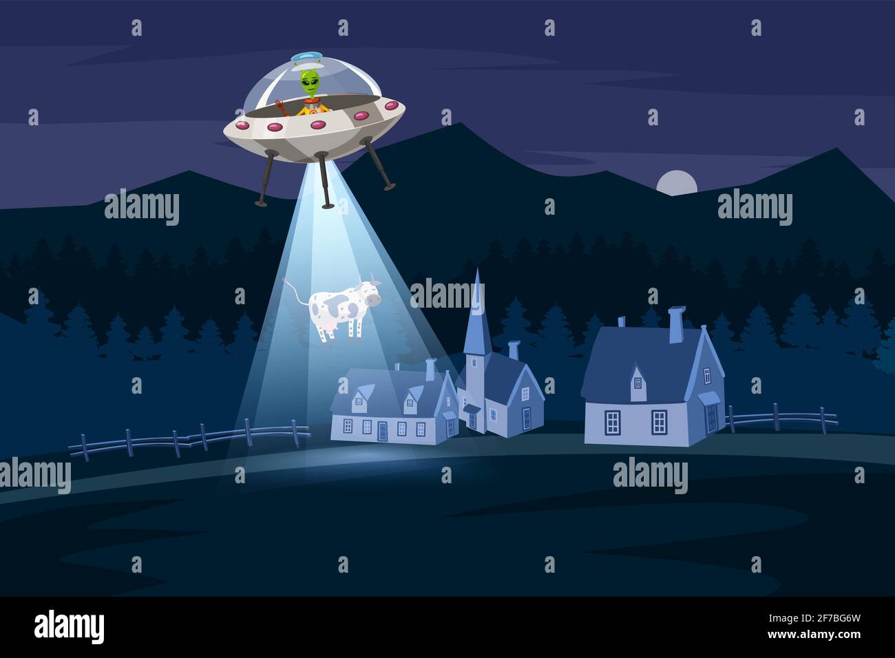 UFO entführt eine Kuh, Sommer Nacht Farmlandschaft, im Nachtfeld mit Häusern, Vektor-Hintergrund mit Sternen und Mond am Himmel. Cartoon-Stil Stock Vektor