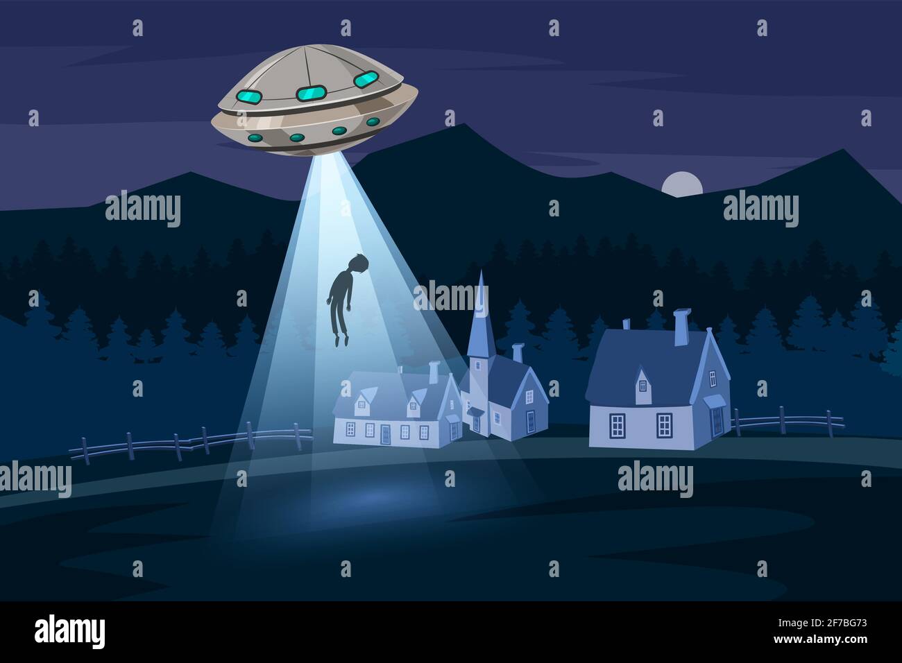 UFO entführt einen Mann, Sommer Nacht Farmlandschaft, im Nachtfeld mit Häusern, Vektor-Hintergrund mit Sternen und Mond am Himmel. Cartoon-Stil Stock Vektor