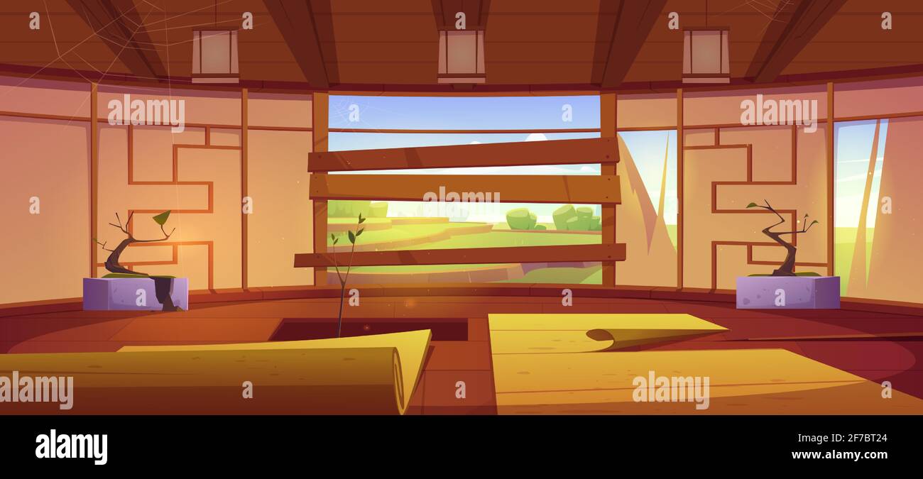Altes Dojo, traditionelles japanisches Zimmer für Karate und Meditation. Vektor-Cartoon-Innenraum von leeren verlassenen Dojo mit gebrochener Wand, Matten, Loch im Boden und vertauften Fenster Stock Vektor