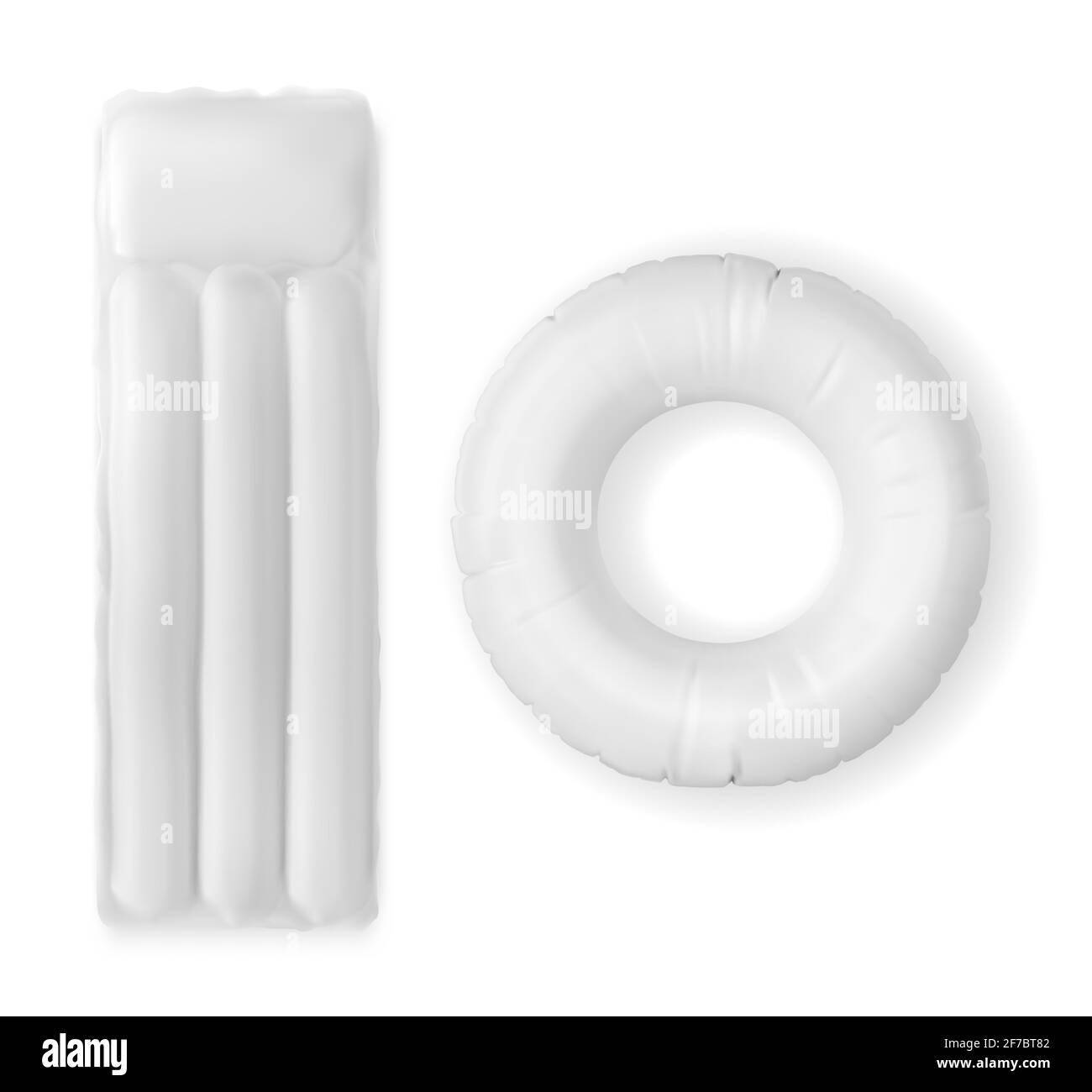 Aufblasbare Wassermatratze und Ring für die Ansicht von oben am Pool, Gummi-Accessoires-Modell, leeres Bett zum Schwimmen und sommerliche Strandaktivitäten isoliert auf weißem Hintergrund, realistische 3d-Vektordarstellung Stock Vektor