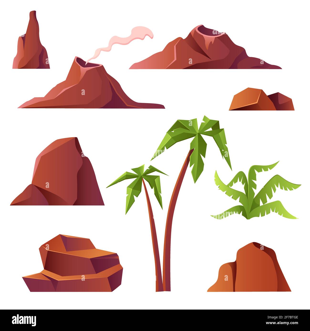 Vulkan mit Rauch, Berge und Palmen isoliert auf weißem Hintergrund. Vektor-Cartoon-Set von prähistorischen Landschaft, Vulkanausbruch, Felsen mit rauchenden Krater, tropischen Pflanzen und Steinen Stock Vektor