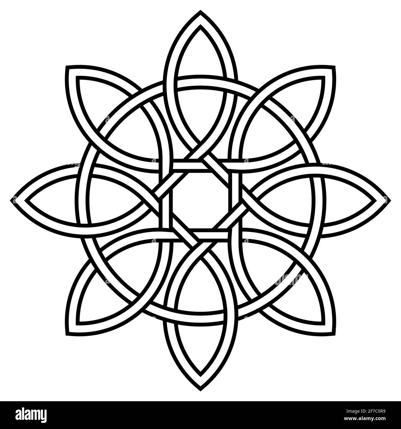 Keltischer Knoten aus Blütenblättern und Kreis der Natur und Langlebigkeit, Vektor-tibetischen Symbolknoten ewiges Leben und Liebe Stock Vektor