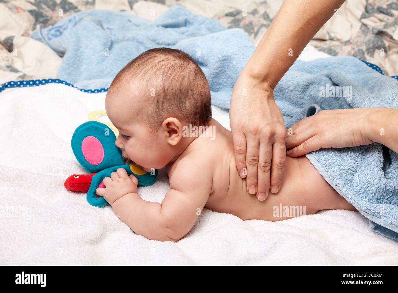 Fünf Monate Baby Mädchen erhalten Massagetherapie zu Hause während Lockdown. Der osteopathische oder chiropraktische manuelle Therapeut manipuliert den Rücken des Kindes Stockfoto