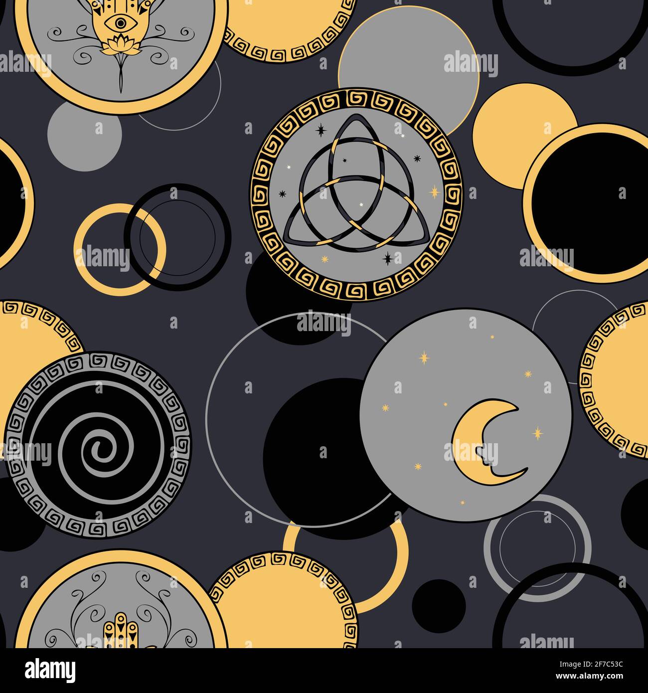 Nahtloses Vektor-Muster mit Kreis spirituellen Talisman auf grauem Hintergrund. Ethnic Symbol Tapete Design. Mond Hexe Mode Textil. Stock Vektor