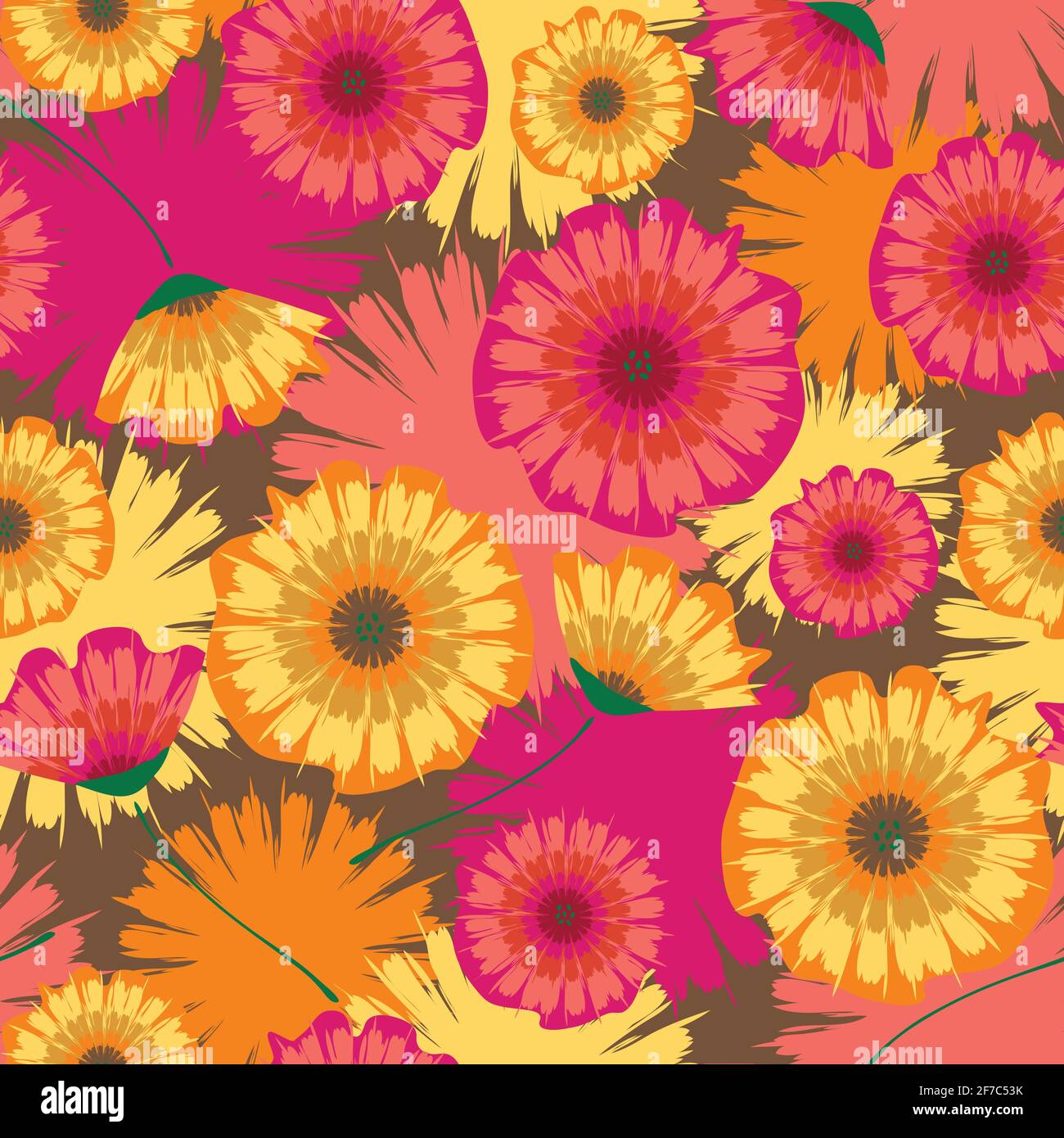 Nahtloses Vektor-Muster mit Sommerblumen. Krawatte Farbstoff Hintergrund mit rosa und gelben Blüten. Künstlerische Tapetengestaltung mit Gänseblümchen. Stock Vektor