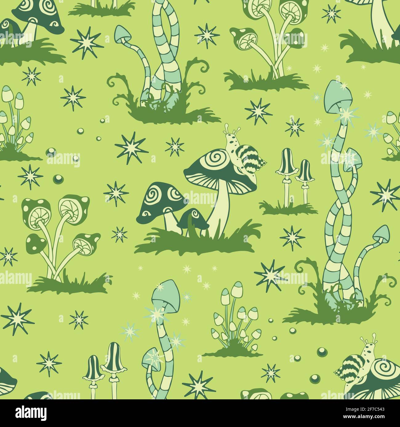 Nahtloses Vektor-Muster mit Pilzwald auf grünem Hintergrund. Fantasy Landschaft Tapete Design. Abstrakte Magie Mode Textil. Stock Vektor