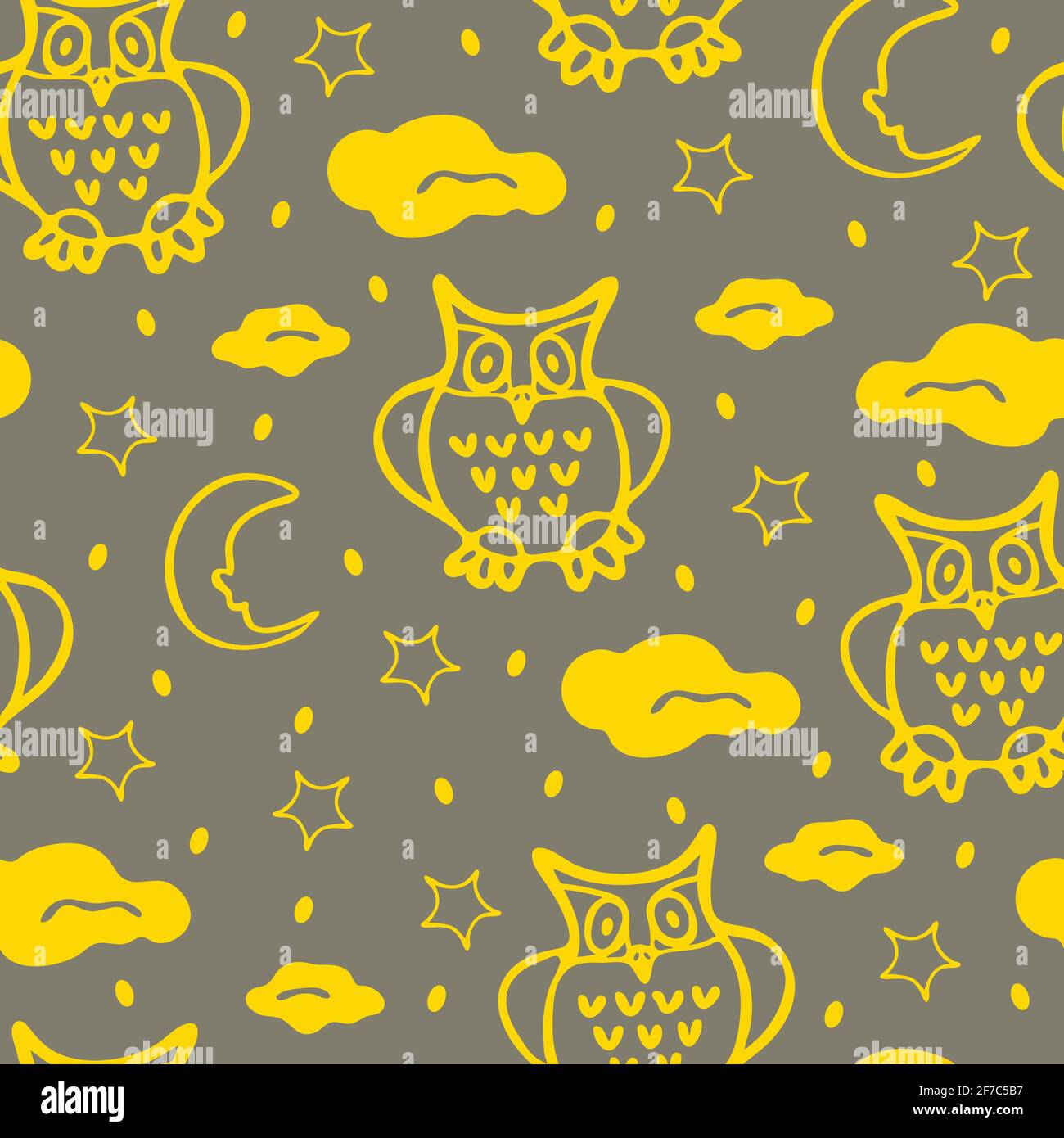 Nahtloses Vektormuster mit gelben Eulen auf grauem Hintergrund. Nachtvögel Tapetendesign mit Mond und Sternen. Traumhaft schöne Mode-Textilien. Stock Vektor