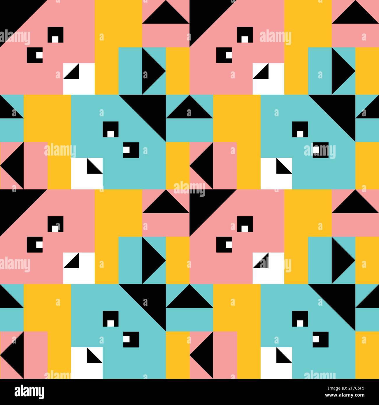Nahtloses Vektormuster mit geometrischem Hase auf gelbem Hintergrund. Niedliches Baby Kaninchen Tapetendesign für Kinder. Quadratische Tier Mode Textil. Stock Vektor
