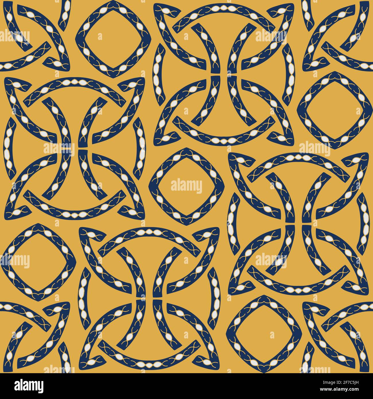 Nahtloses Vektor-Muster mit ethnischem Mosaik auf gelbem Hintergrund. Dekoratives Leben Symbol Tapete Design. Dekorativ strukturiertes Knotendetail. Stock Vektor