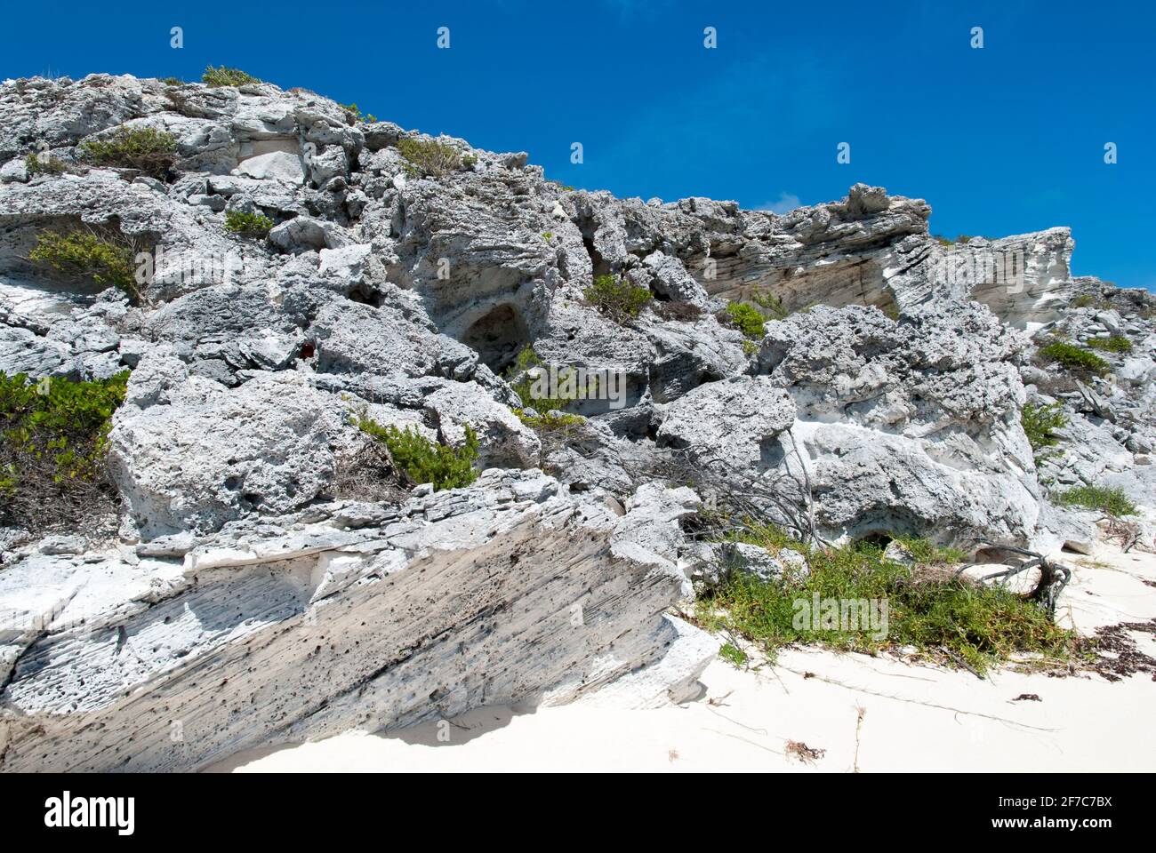 Die erodierten Felsformationen am Grand Turk Island Strand (Turks- und Caicos-Inseln). Stockfoto